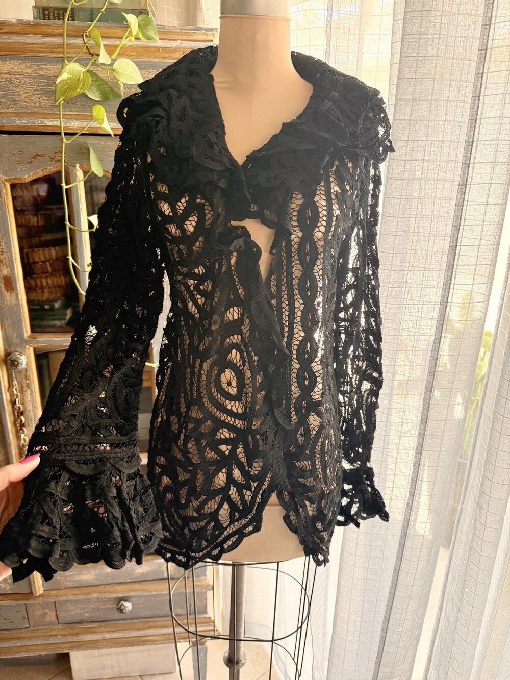 Gothic Edwardian Style Battenburg Lace Black Jacket Open Front Goth XL 90s